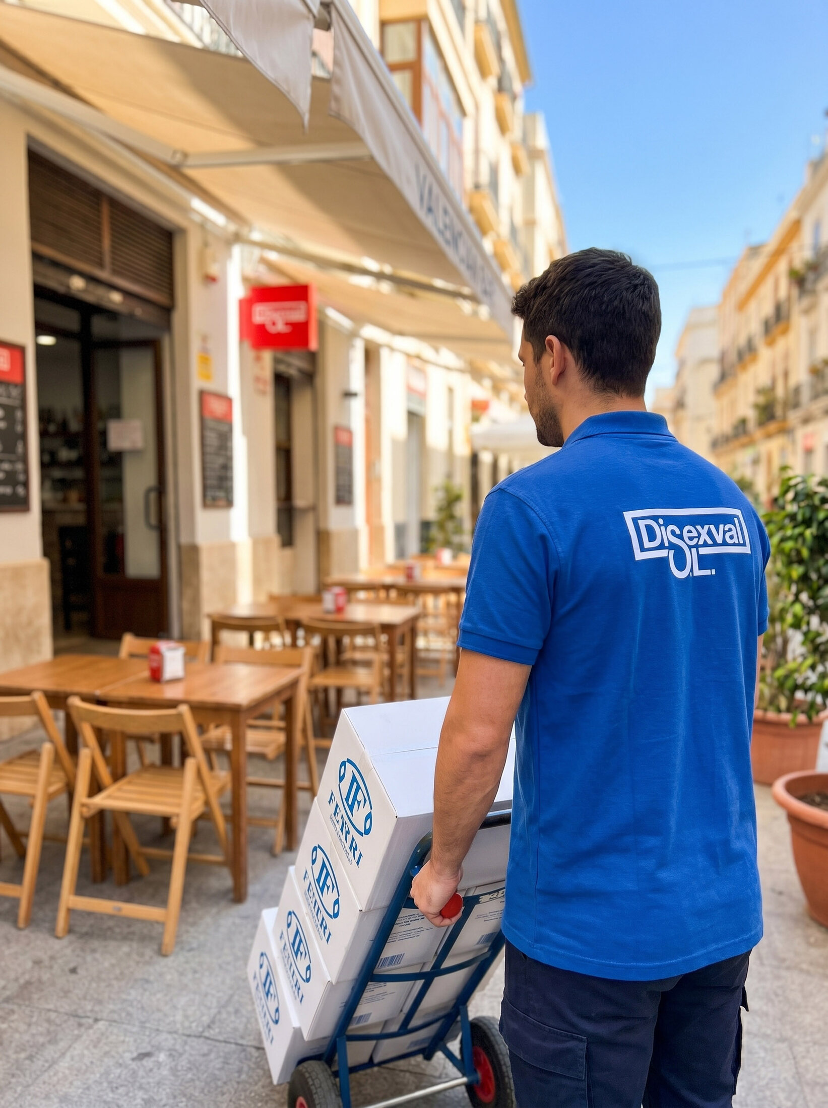 Repartidor de Disexval entregando producto a un bar en Valencia