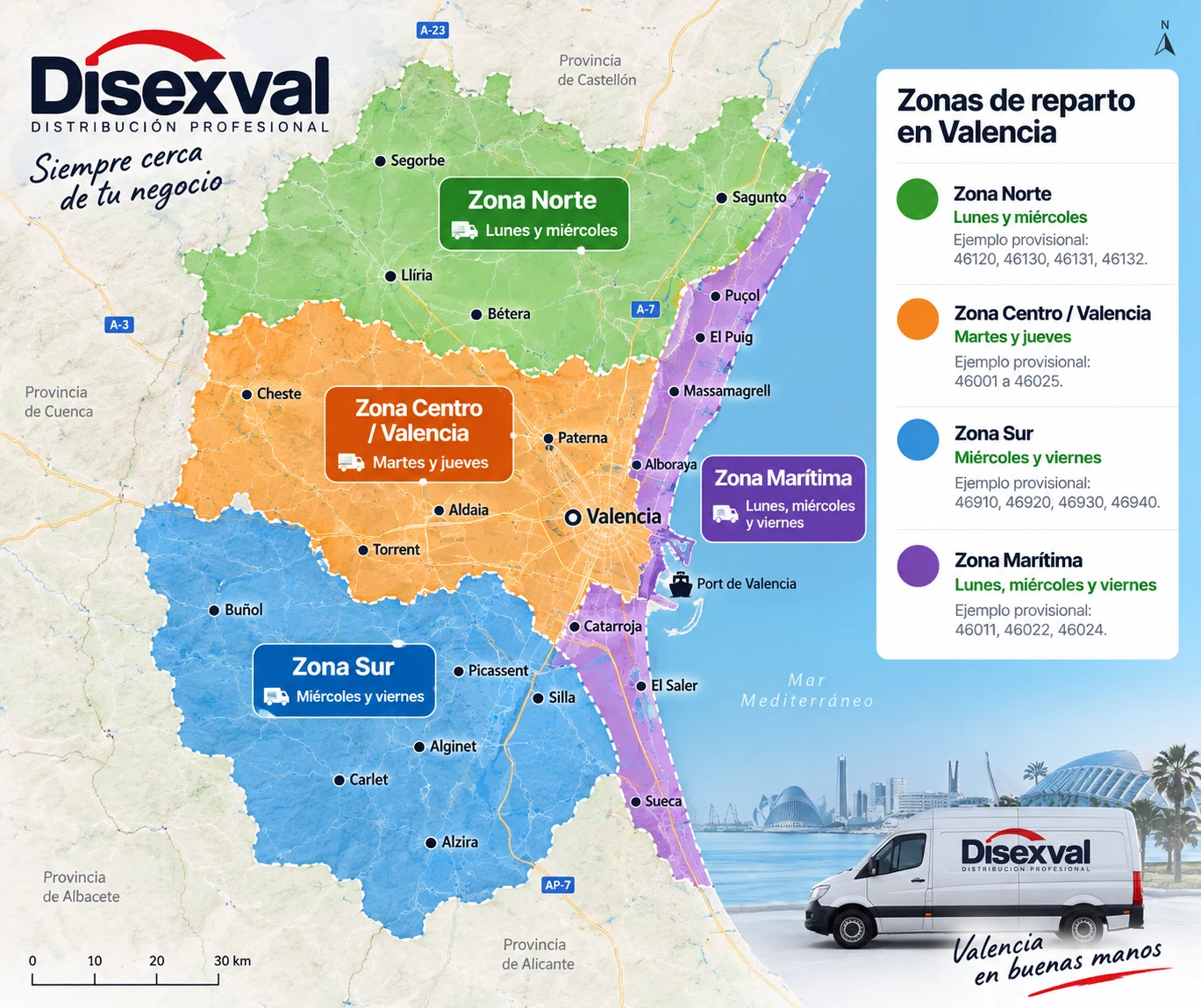 Mapa de zonas de reparto de Disexval en Valencia