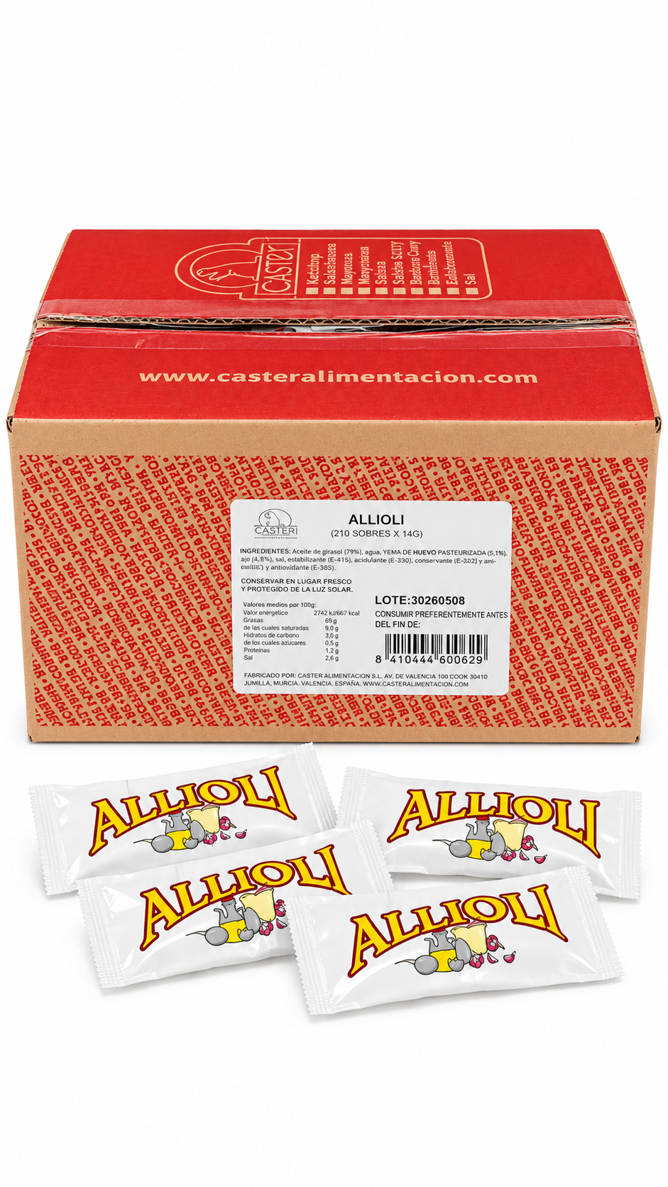 Allioli Caster en caja de 210 sobres monodosis.