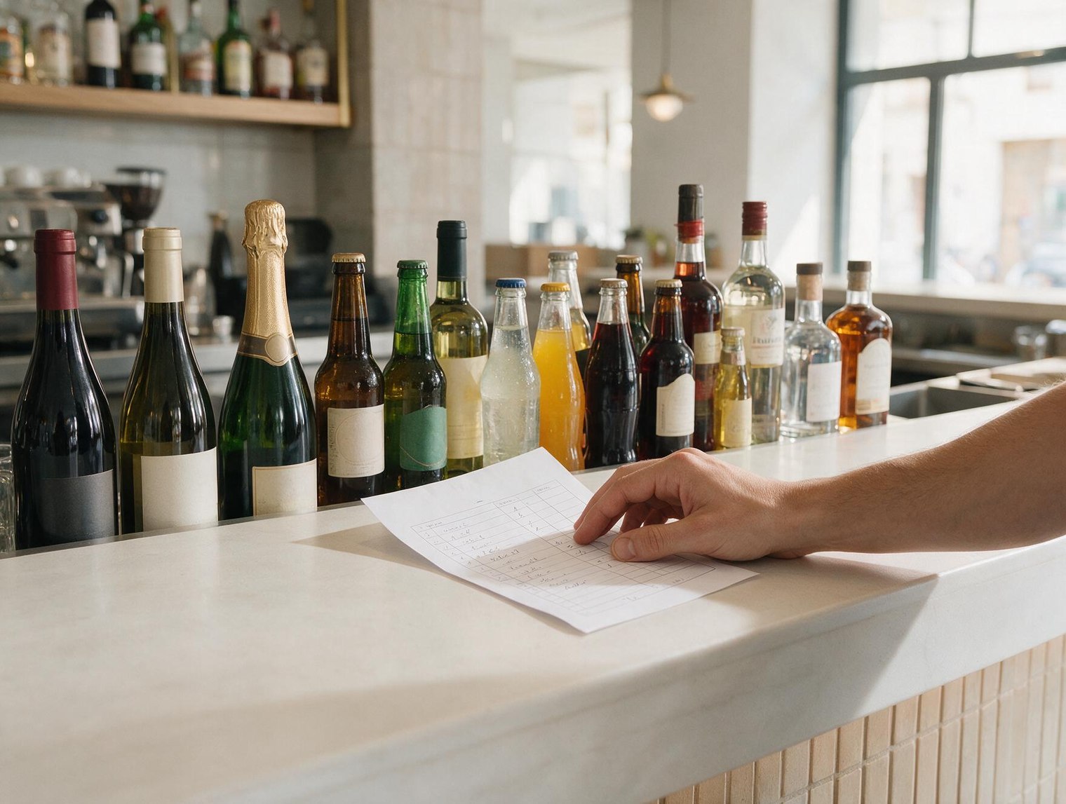 Botellas de vino, cava, refrescos y licores alineadas en la barra junto a una hoja de pedido escrita a mano
