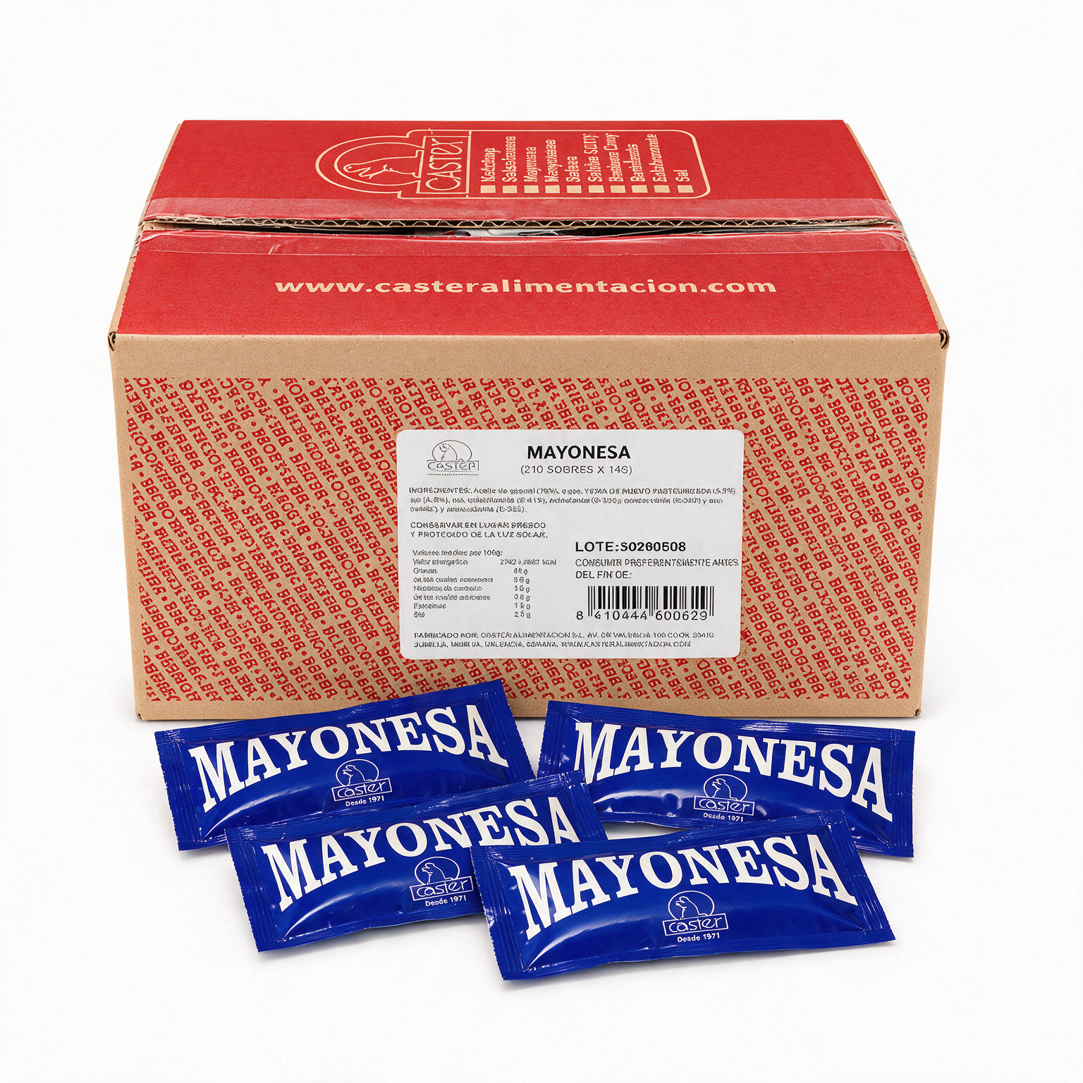 Mayonesa Caster en caja y sobres monodosis.