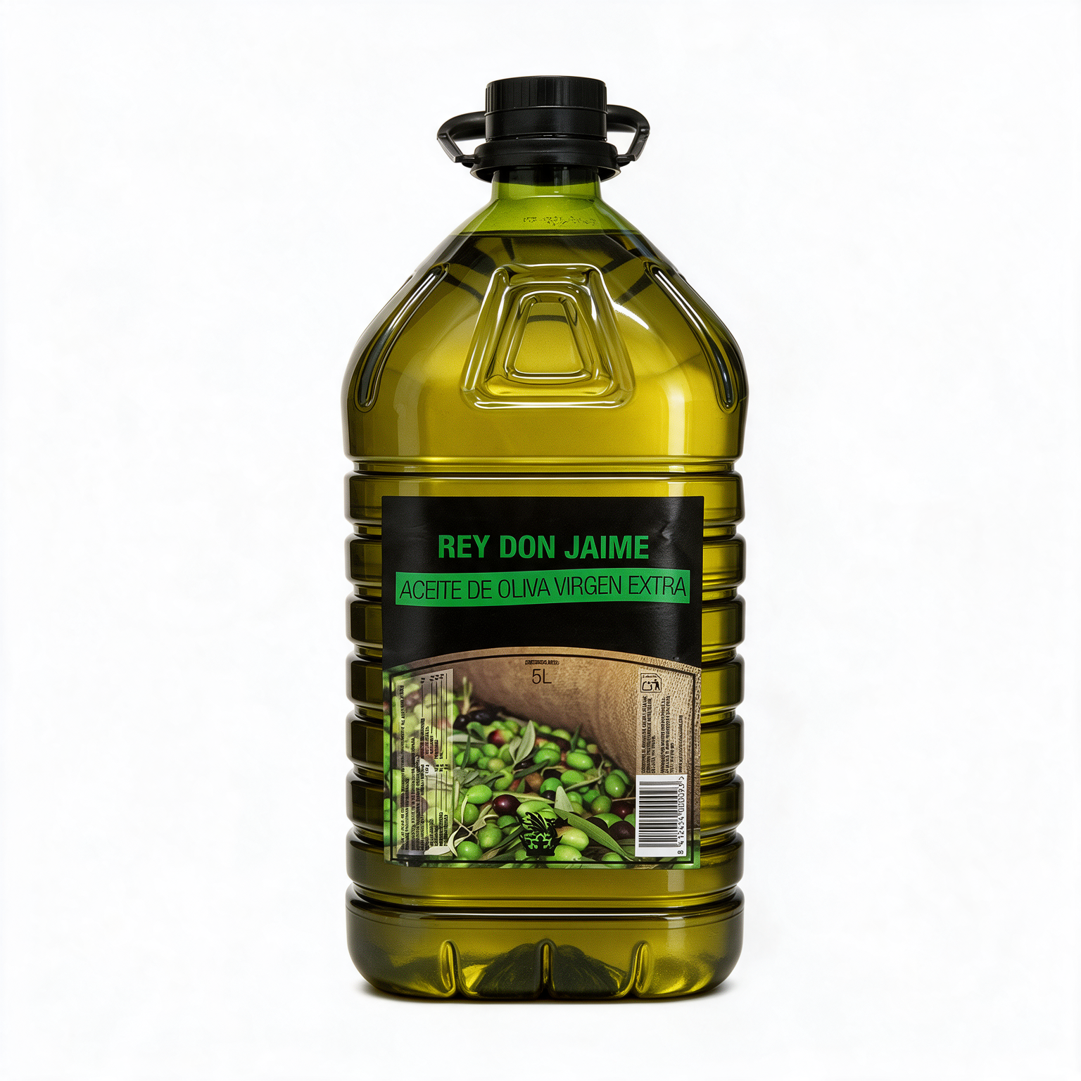 Aceite de oliva virgen extra Rey Don Jaime en garrafa de 5 litros.