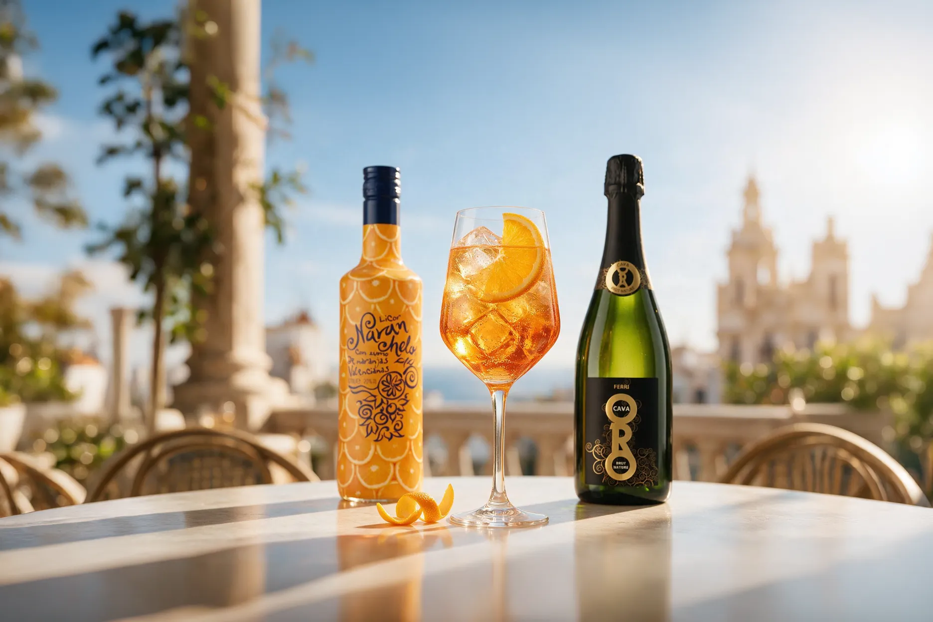 Spritz valenciano con Naranchelo, Cava Oro Ferri, hielo y naranja valenciana
