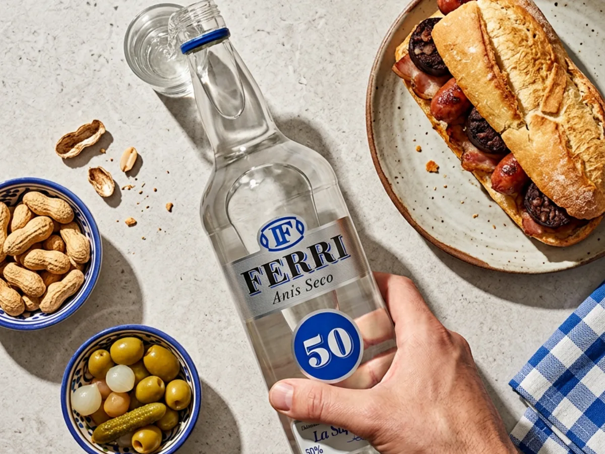 Botella de Anís Ferri 50 caçalla con chupito y almorçaret valenciano.