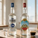 Botellas de Anís Ferri 50 y Anís Dulce Ferri en una barra valenciana con chupito y café.