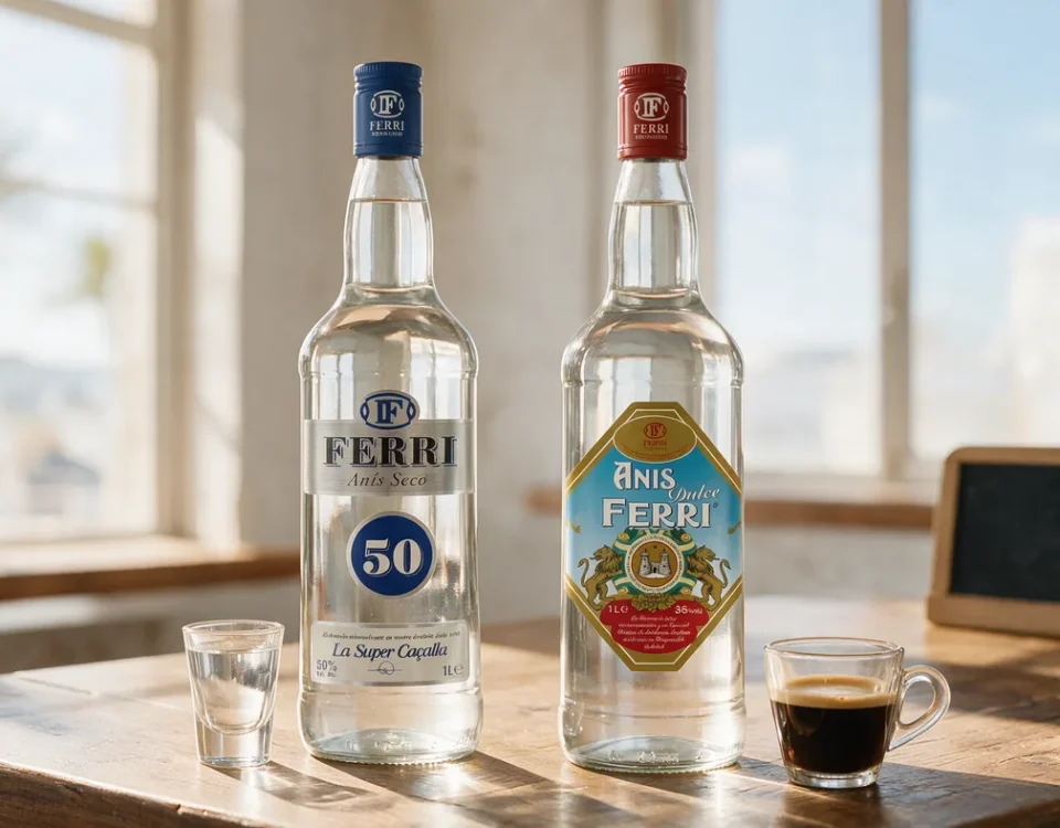 Botellas de Anís Ferri 50 y Anís Dulce Ferri en una barra valenciana con chupito y café.