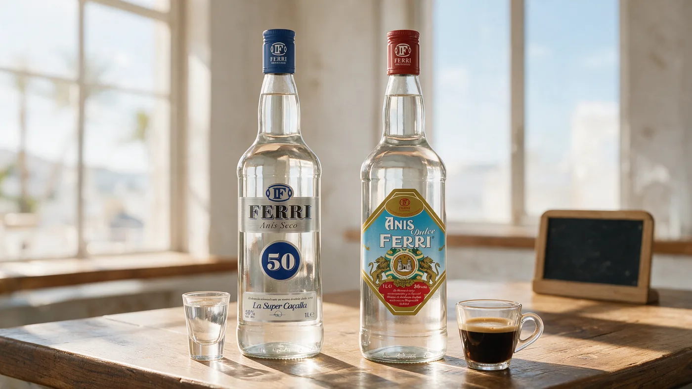 Botellas de Anís Ferri 50 y Anís Dulce Ferri en una barra valenciana con chupito y café.