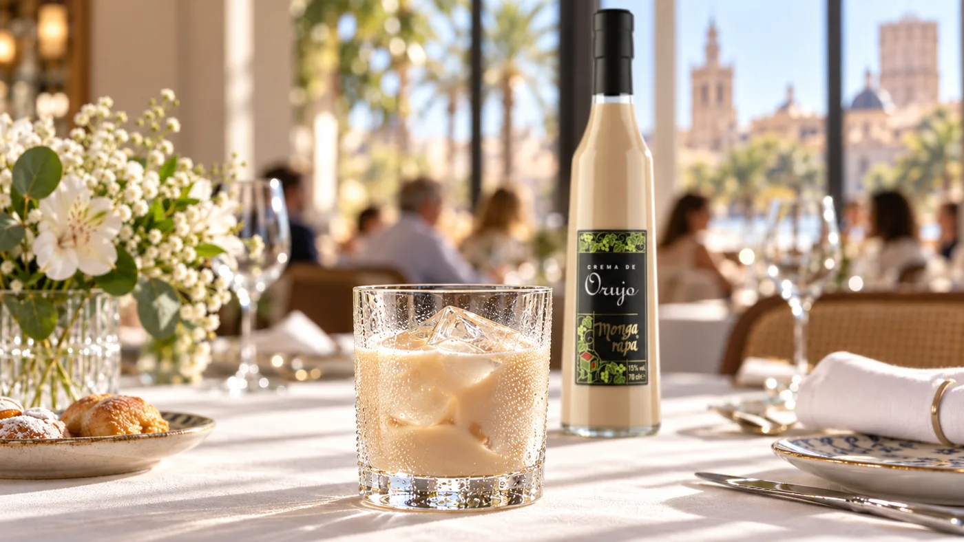 Crema de Orujo Mongarapa servida fría en restaurante valenciano