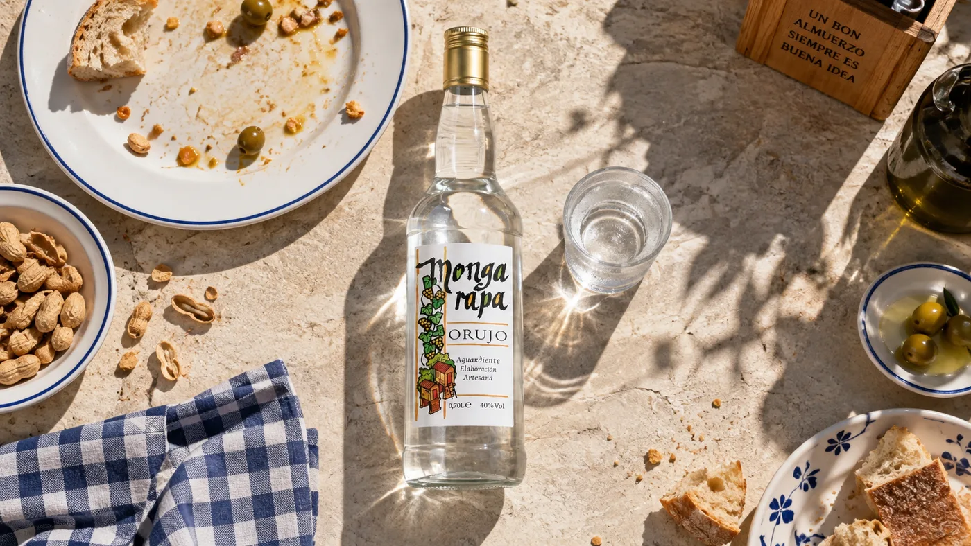 Orujo Blanco Mongarapa servido en mesa de almuerzo valenciano