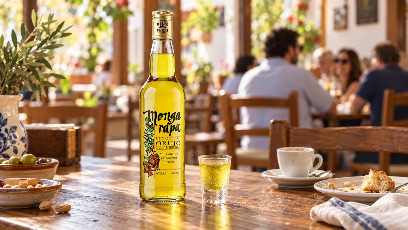 Orujo de Hierbas Mongarapa servido frío en sobremesa de bar valenciano